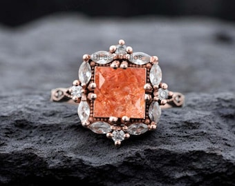 Classic Sunstone Promise Ring Antique Statement Ring For Women Rose Gold Diamond Halo Ring, Custom Gemstone Gifts Ring Unique Design Rings