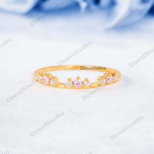 Dainty Pink Sapphire Wedding Band, Yellow Gold Plated, Delicate Bridesmaid Jewelry, Women&#39;s Stacking Band, Art Deco Birthday Gift For Her