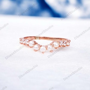 Pearl Diamond Curved Wedding Band, 14k Rose Gold Matching Band, June Birthstone Promise Gift, White Gemstone Delicate Band, Stacking Band