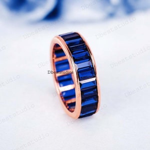 Baguette Cut Sapphire Engagement Band, 14k Solid Rose Gold Proposal Band, Eternity September Birthstone Band, Delicate Matching Band For Her