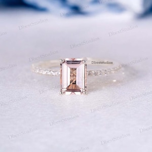 Emerald Cut Morganite Bridal Ring, Hidden Halo Diamond Engagement Ring, Vintage Morganite Wedding Ring For Her, Champagne Gemstone Ring