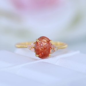 Orange Sun Stone Bridal Stacking Ring 14k Yellow Gold Women Handmade Jewelry Fire Opal Promise Ring Statement Gift For Wife Anniversary Ring