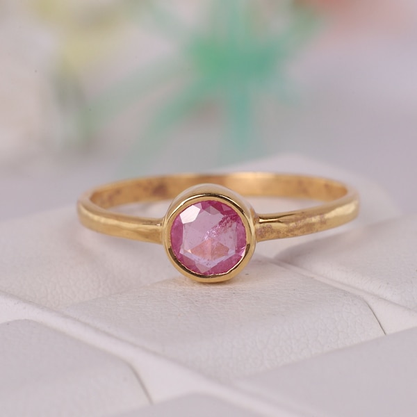 Padparadscha Sapphire Ring, Stackable Bezel Ring, 18k Yellow Gold Women Jewelry, September Birthstone Delicate Gift Daily Wear Handmade Ring