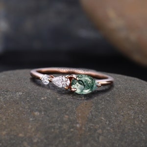 Teardrop Moss Agate Wedding Band, 3 Stone Women's Promise Ring, Moissanite Bridal Ring, Rose Gold Plated Birthday Jewelry, Gift For Wife