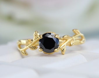 Natural Black Onyx Twig Engagement Ring Delicate Bridesmaid Jewelry 14k Yellow Gold Personalized Gift Anniversary Statement Ring For Wife