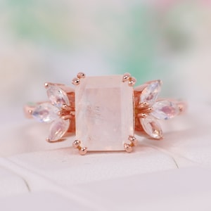 18K Rose Gold Natural Moonstone Ring Floral Art Deco Jewelry Elegant Engagement Ring Anniversary Statement Gift For Wife Unique Promise Ring