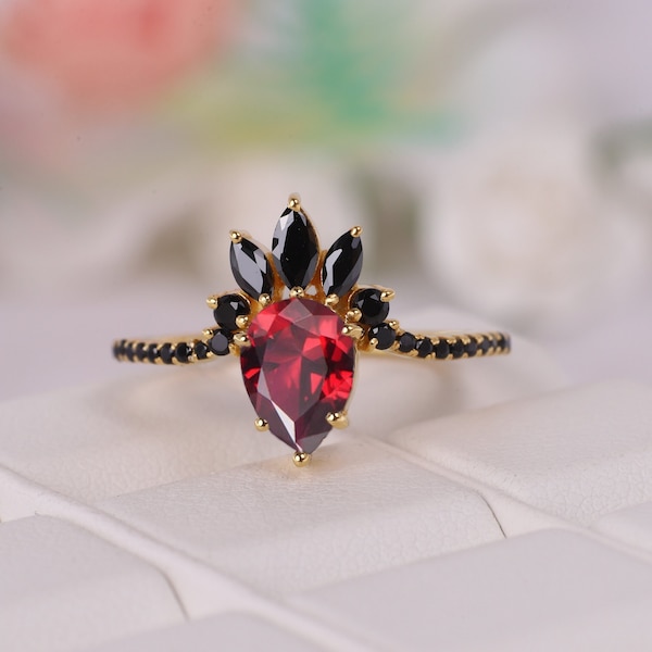 Teardrop Garnet Engagement Ring, Women's Delicate Ring, Black Onyx Crown Bridal Ring, 18k Yellow Gold Wedding Ring, Art Deco Stacking Ring