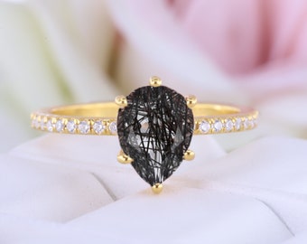 Natural Black Rutile Engagement Ring Teardrop Bridal Ring 14k Yellow Gold Women's Ring Diamond Promise Wedding Ring Art Deco Girl Jewelry