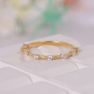 Diamond Petite Distance Band, Classic 14k Yellow Gold Wedding Band, Matching Band, Anniversary Gift For Her, Art Deco Bridesmaid Jewelry