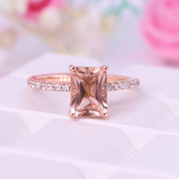 Emerald Cut Morganite Bridal Ring, Hidden Halo Diamond Engagement Ring, Vintage Morganite Wedding Ring For Her, Champagne Gemstone Ring