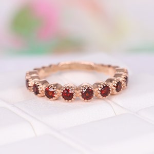 Garnet Half Eternity Wedding Band, Stackable Matching Band, Art Deco Bridesmaid Gift, 14k Rose Gold Delicate Band January Birthstone Jewelry