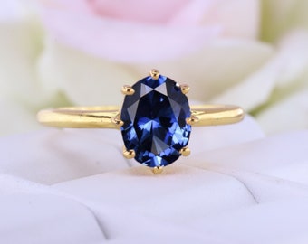 Blue Sapphire Solitaire Ring, September Birthstone Promise Ring, Elongated Oval Cut Checkerboard Ring, Women Delicate Jewelry, Bridal Ring