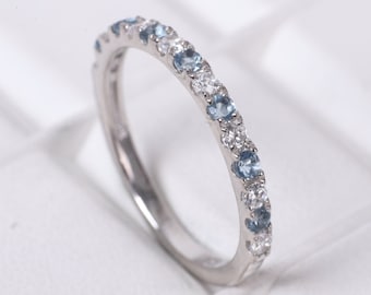 Demi éternité diamant aigue-marine mars pierre de naissance bijoux en argent sterling cadeau de demoiselle d'honneur alliance femme anniversaire bande empilable