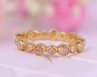 Fire Opal Eternity Band, October Birthstone, Full Eternity Stackable Matching Band, Fire Gemstone Ring, 14k Yellow Gold Band Gift For Wife