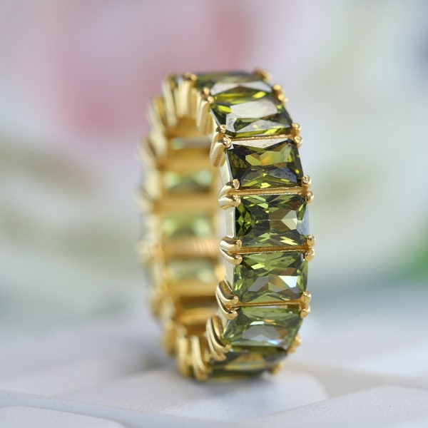 Emerald Cut Peridot Band, Green Gemstone Full Eternity Band, 18k Solid Gold Handmade Jewelry, Women Delicate Band, Personalized Gift For Her