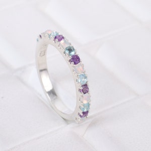 Fire Opal Amethyst And Aquamarine Half Eternity Band, 925 Sterling Silver Women Wedding Band, Multi Gemstone Matching Band, Gift For Her