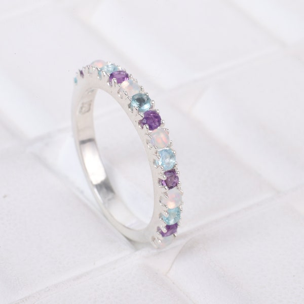 Feuer Opal Amethyst Und Aquamarin Halbe Ewigkeit Band, 925 Sterling Silber Frauen Hochzeitsband, Multi Edelstein passendes Band, Geschenk für Sie