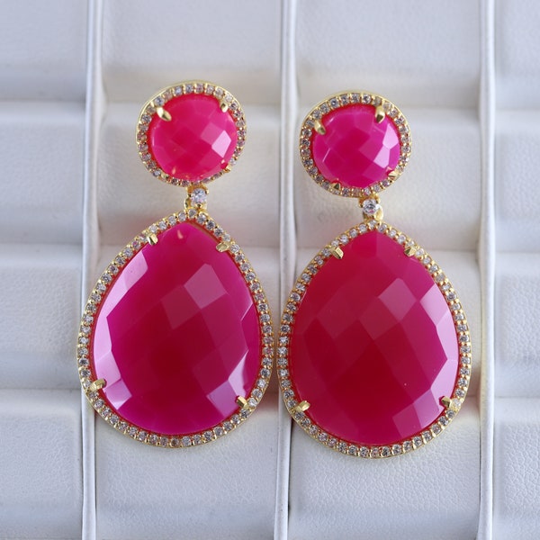 Ruby Teardrop Dangle Earrings, Gift for Mom, Red Gemstone Earrings, Summer Fashion Jewelry, Push Back Studs Jewelry, Pink Quartz Earrings