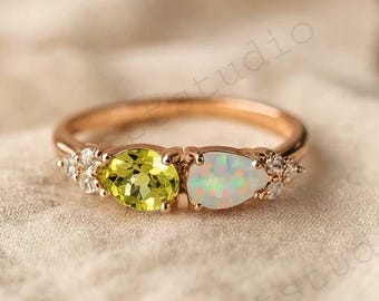Vintage Opal & Peridot Ring, Diamond Cluster Engagement Ring, Bridal Promise Stacking Ring, Rose Gold Women Jewelry, October Birthstone Gift