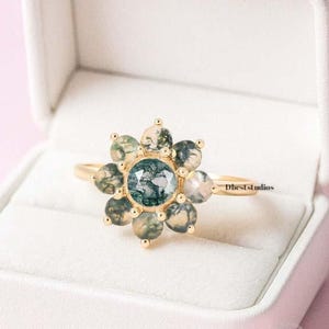 moss agate floral promise ring for her, unique moss agate engagement ring, yellow gold moss agate ring, Anniversary ring gift