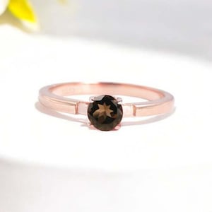Smoky Quartz Round Gemstone Ring, Women&#39;s Dainty Ring, 925 Sterling Silver Ring, Best Gift For Daughter, Three Gemstone Stacking Ring