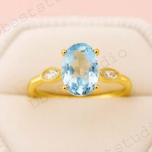 Oval Aquamarine Engagement Ring Natural Moonstone Bridal Ring March Birthstone Gold Ring Women Elegant Gold Jewelry Anniversary Gift Ring