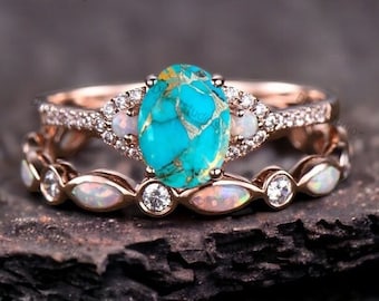 Vintage Turquoise Anniversary Ring Set Fire Opal Bridal Wedding Band, Women Stacking Ring Set, Rose Gold Jewelry Delicate Matching Gift Band