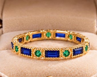 Sapphire & Emerald Full Eternity Band, 18K Solid Gold Jewelry, Promise Gift For Women, Baguette Cut Stone September Birthstone Matching Band