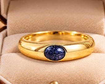Oval Cut Blue Sandstone Solid Gold Ring For Mens Ring Engagement Ring Wedding Band Anniversary Gifts Galaxy Gemstone Jewelry Gift For Her