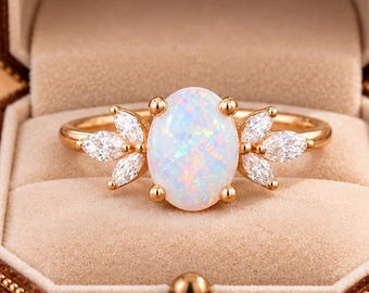 Fire Opal Engagement Ring Oval Shaped Gemstone Promise Ring Rose Gold Wedding Jewelry Diamond Anniversary Ring Christmas Gift For Daughter
