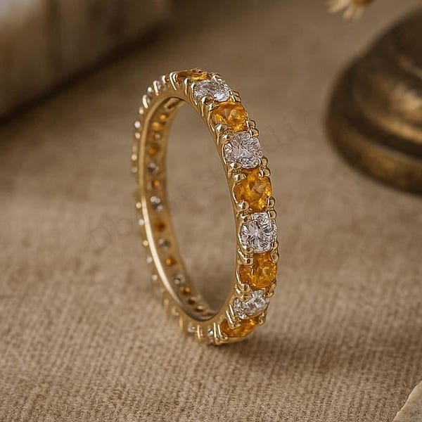 Citrien en diamant eeuwigheid trouwring, 18k witgouden bijpassende band, diamanten damessieraden, geboortesteen november geboortesteen kerstcadeau voor haar