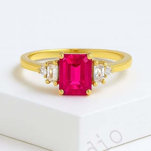 Emerald Cut Ruby Ring, Yellow Gold Plated Diamond Promise Ring, Crystal Ring, Women&#39;s Fine Jewelry Statement Ring June Birthstone Gift