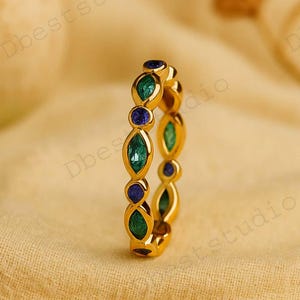 Marquise Emerald And Sapphire Wedding Band, 14k Yellow Gold Full Eternity Promise Matching Band, Minimalist Jewelry, Women Stacking Band