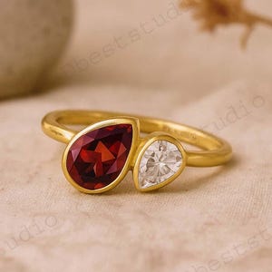 Peer geslepen granaat Toi et Moi ring bezel set Moissaniet trouwring Rose gouden stapelring verjaardagscadeau voor haar bruids gepersonaliseerde sieraden