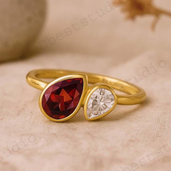 Toi et Moi Granat Ring Lünette Set Birnenschliff Moissanite Ehering Roségold Geburtstagsring Geschenk für sie Brautschmuck personalisiert
