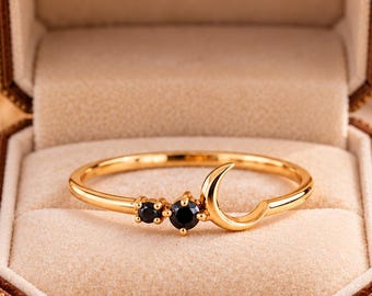 Black Onyx Crescent Moon Ring, 18k Yellow Gold Promise Ring, Women's Handmade Jewelry, Gift For Her, Art Deco Galaxy Ring, Dainty Ring