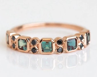 Octagon Alexandrite Half Eternity Band, Vintage Design Alexandrite & Black Spinal Ring, 925 Solid Silver Stackable Band Beautiful Women Ring