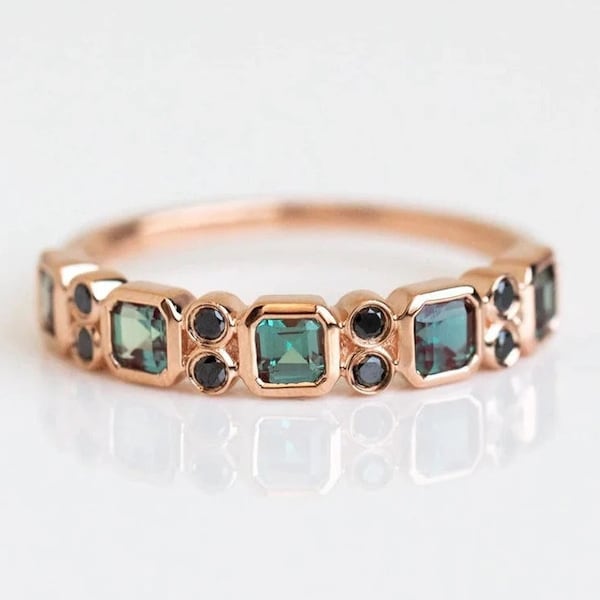 Octagon Alexandrite Half Eternity Band, Vintage Design Alexandrite & Black Spinal Ring, 925 Solid Silver Stackable Band Beautiful Women Ring