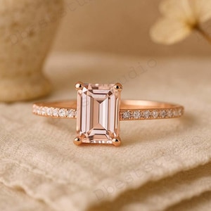 Emerald Cut Morganite Bridal Ring, Hidden Halo Diamond Engagement Ring, Vintage Morganite Wedding Ring For Her, Champagne Gemstone Ring