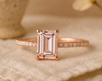 Emerald Cut Morganite Bridal Ring, Hidden Halo Diamond Engagement Ring, Vintage Morganite Wedding Ring For Her, Champagne Gemstone Ring