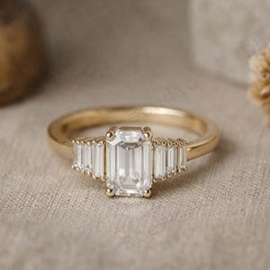 Unique Moissanite Promise Ring /Art Deco Vintage Ring/ Emerald Cut Moissanite Engagement Ring 14K Gold Ring/ Sevan Stone Ring Wedding Ring