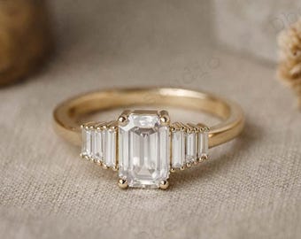 Unique Moissanite Promise Ring /Art Deco Vintage Ring/ Emerald Cut Moissanite Engagement Ring 14K Gold Ring/ Sevan Stone Ring Wedding Ring