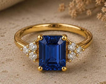 Emerald Cut Blue Sapphire Ring, Moissanite Engagement Ring, Blue Gemstone Ring, Cluster Bridal Ring, Anniversary Gift for Her