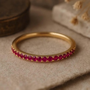 Vintage Ruby Wedding Bands, Women's Dainty Matching Band, Half Eternity Stackable Band, Bridesmaid Gift Jewelry, Yellow Gold Handmade Bands