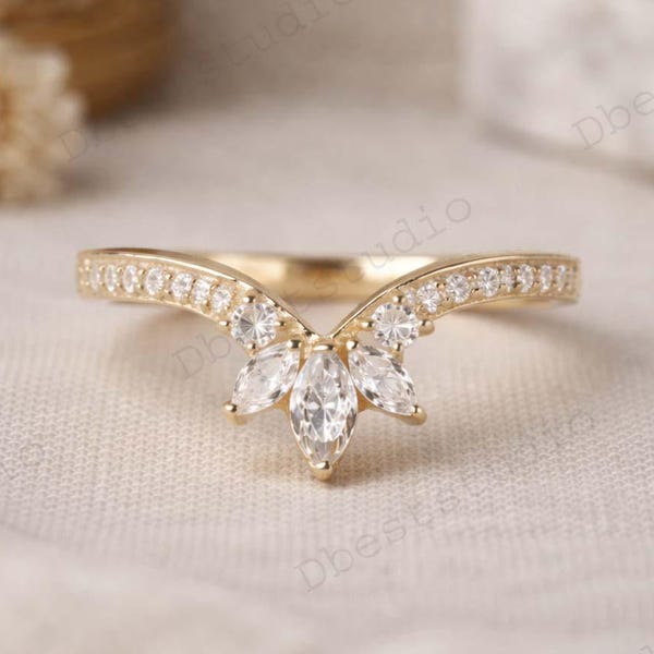 Unique Curved Moissanite Wedding Band, Marquise Cut Stackable Matching Band, Chevron Tiara Matching Band, Crown Promise Ring For Women