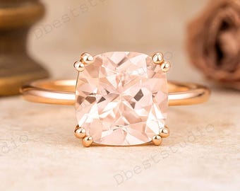 Cushion Cut Morganite Engagement Ring, Anniversary Birthday Gift for Her, Women Solitaire Ring Unique Stacking Ring Black Friday Sale