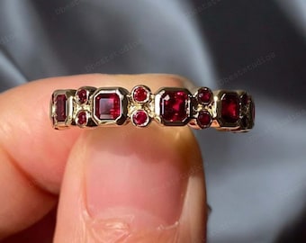 Vintage Ruby Wedding Band, Princess-Cut Ruby Ring, Bezel Setting Band, July Birthstone, Ruby Engagement Ring Half Eternity Band Promise Ring