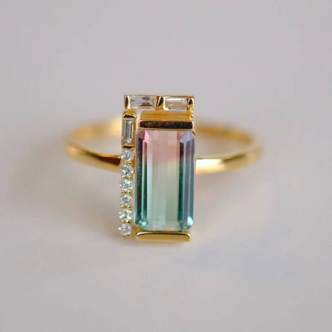 Emerald Cut Watermelon Tourmaline Promise Ring Yellow Gold - Etsy