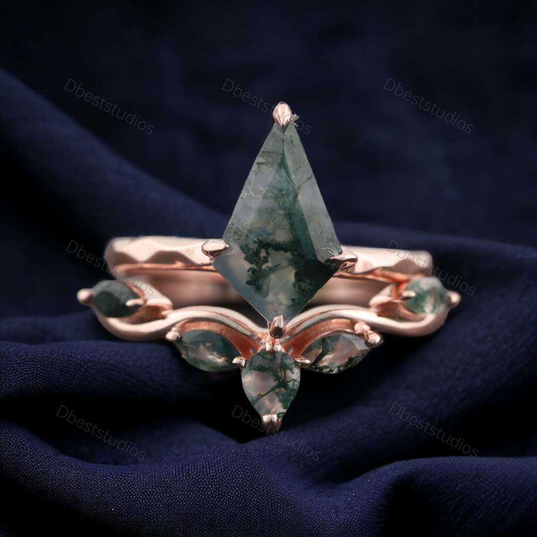 Ring Rang Rung Set Kite Cut Green Agate Bridal Rung Set Bridal Curved Matching Band Rose ...