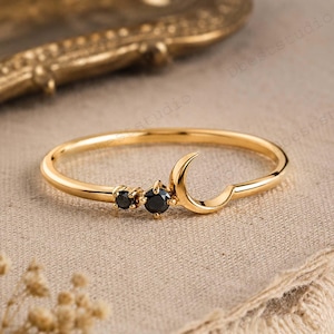 Black Onyx Crescent Moon Ring, 18k Yellow Gold Promise Ring, Women's Handmade Jewelry, Gift For Her, Art Deco Galaxy Ring, Dainty Ring